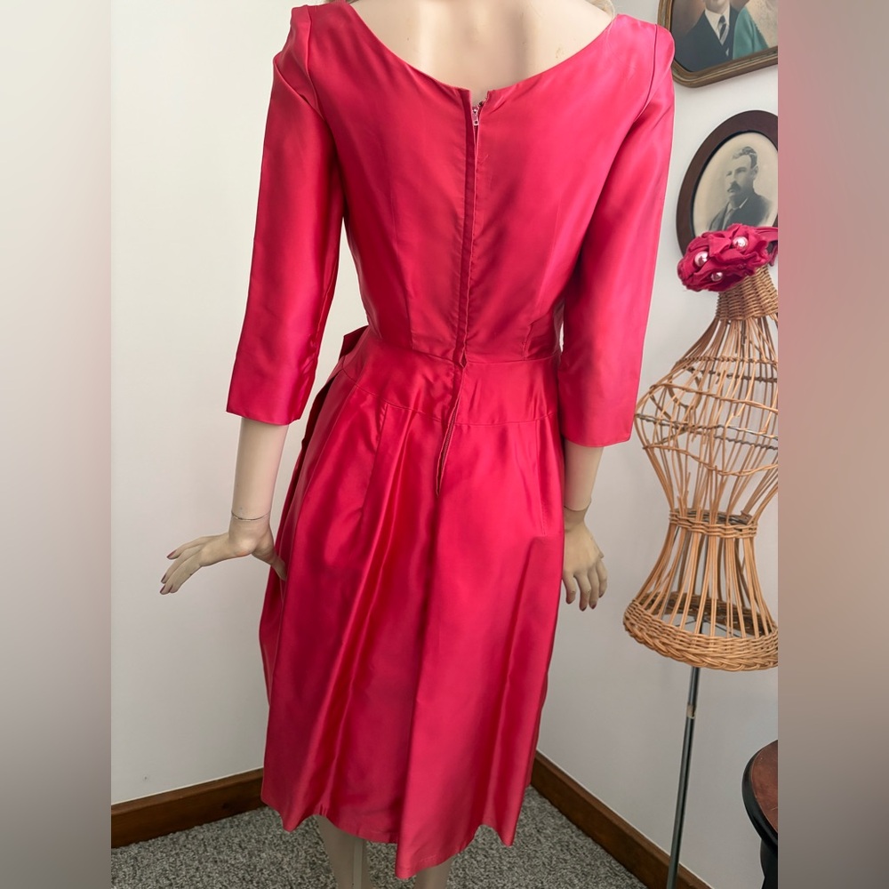 Vintage 50s Coral Pink Satin Suzy Perrette Style Bombshell Dress & Designer Hat - Picture 2 of 14